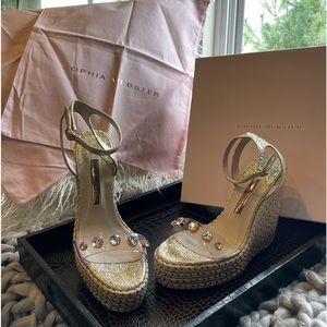 Sophia Webster Gold Crystal Espadrille Wedge Sandals